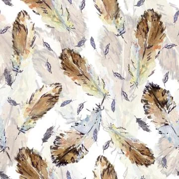 Pattern with watercolor floating feathers Stock Illustration