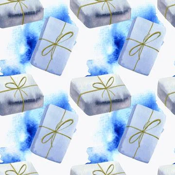 Pattern with watercolor illustration gift boxes light blue color Stock Illustration