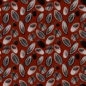 Pattern of watercolor leaves on a red background.Leaf pattern.The autumn pattern Stock Illustration
