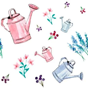 Pattern with watering cans and flowers Stock Illustration
