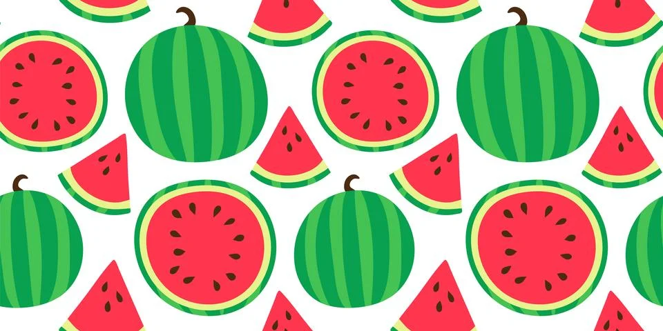 Pattern Watermelon full, half, quarter piece. Cut striped fruit, sliced. Vegan Illustrazione stock