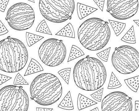 Pattern of watermelons and slices of watermelons. Coloring with watermelons. Illustrazione stock