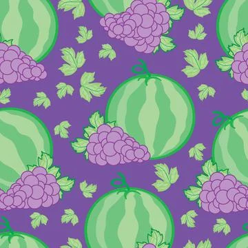 Pattern of watermelons, bunches of grapes and grape leaves on a purple backgr Illustrazione stock