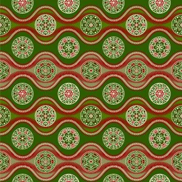 Pattern with waves and snowflakes, green Stock Illustration