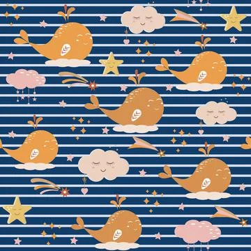 Pattern of whales and clouds on a dark blue striped background, children's il Stockillustratie