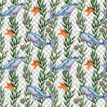 Pattern whales starfish algae and bubbles watercolor Illustrazione stock