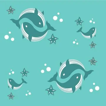 Pattern of whales with starfish and bubbles Stock Illustration