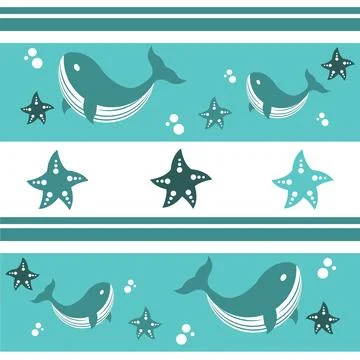Pattern of whales with starfish and bubbles Stock Illustration