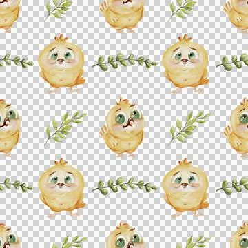 Pattern of whimsical chickens with leaves in a soft watercolor style for te.. Stock Illustration
