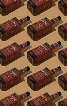 Pattern whiskey bottle Jack Daniels Red label background. Jennessee fire Stock Photos