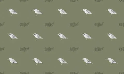 Pattern of white and gray birds on olive green background Stock Illustration