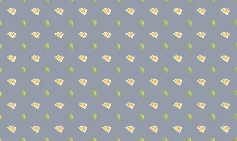 Pattern of white and orange flowers with green leaves on gray background Stock Illustration