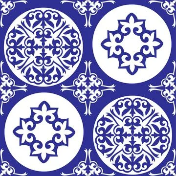 Pattern of white arabesque ikat-inspired designs set against a deep royal blue  イラスト素材