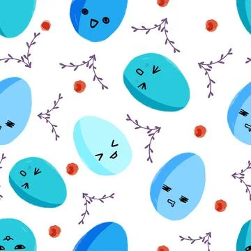 Pattern on a white background with blue Easter eggs with emotions. Stock Illustration