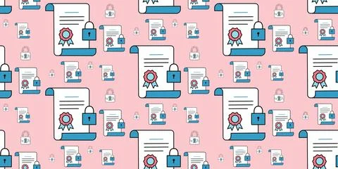 Pattern of white certificate documents with red seals and blue locks on pink Stock Illustration