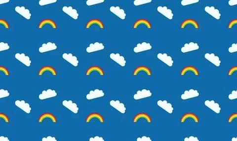Pattern of white clouds and rainbows on blue background Stock Illustration