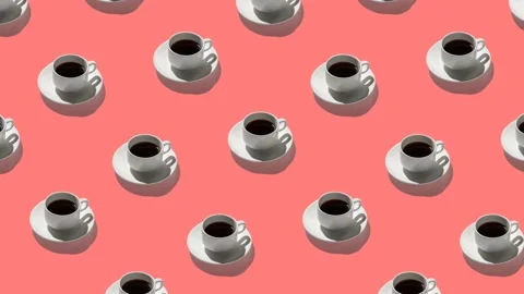 Pattern with white coffee cups and espresso on red background Video stock 155504163