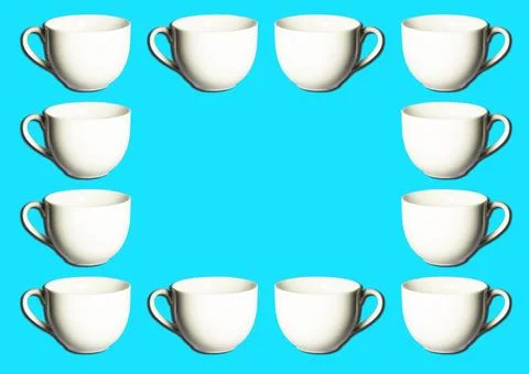 Pattern of white coffee or tea cups isolated over bright colorful blue Stock Photos