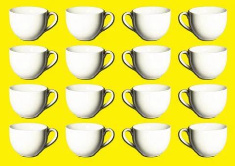 Pattern of white coffee or tea cups isolated over bright colorful yellow Stock Photos
