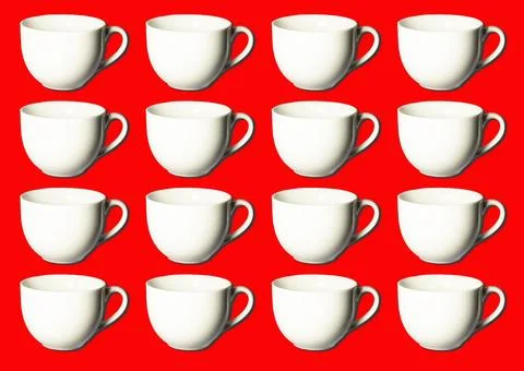 Pattern of white coffee or tea cups isolated over bright colorful red background Stock Photos