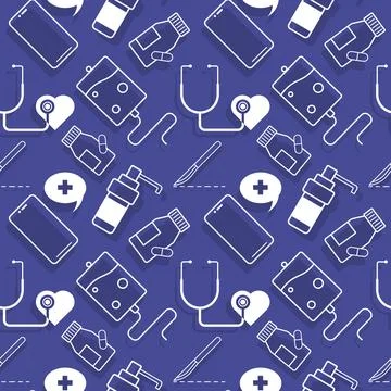 Pattern with white color medical elements on blue background Stock Illustration