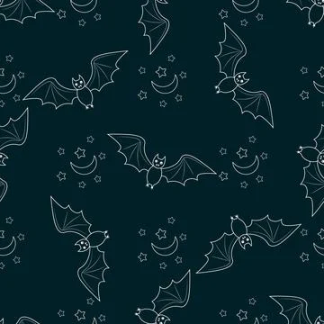 Pattern with white contour bat, moon and star Halloween seamless print Stock Illustration