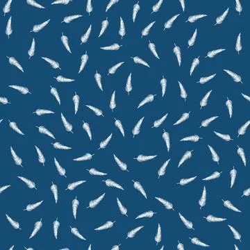 Pattern of white feathers. Bird Nibs fall on a blue background. Light flight of Illustrazione stock