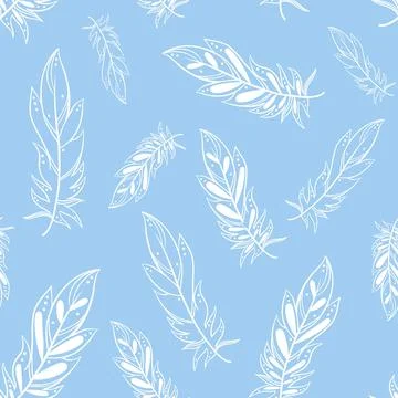 Pattern with white feathers on a gentle blue background. Иллюстрация