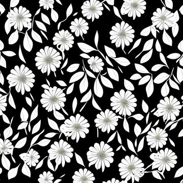 Pattern of white flowers and leaves on black background. Stock Illustration