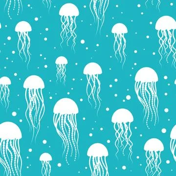 Pattern with white jellyfish on a blue background. Illustrazione stock