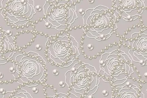 Pattern with white pearls, linear roses 스톡 일러스트
