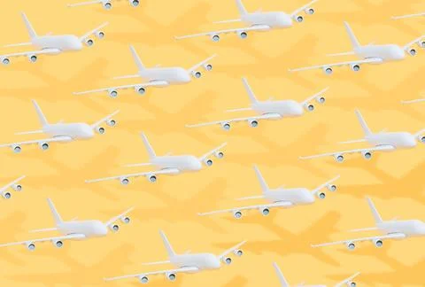 Pattern of white planes on a yellow background. Travel and summer concept. 3d Stock Photos