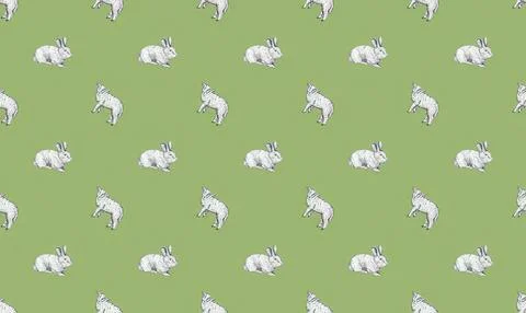 Pattern of white rabbits sitting on green background Stock Illustration