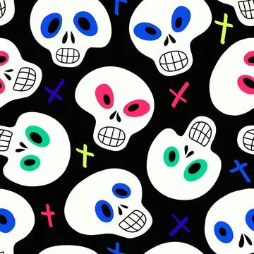 Pattern with white skulls and multicolored crosses Illustrazione stock