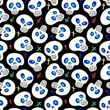 Pattern with white skulls and multicolored crosses Illustrazione stock