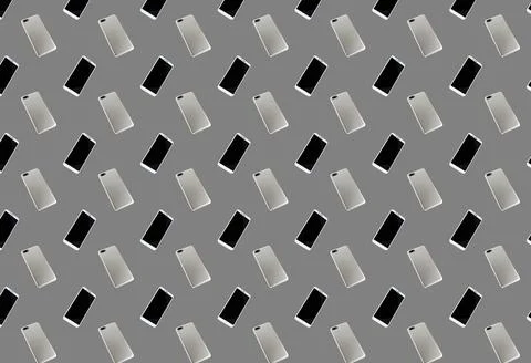 A pattern with a white smartphone on a gray background. Background of gadgets 스톡 사진