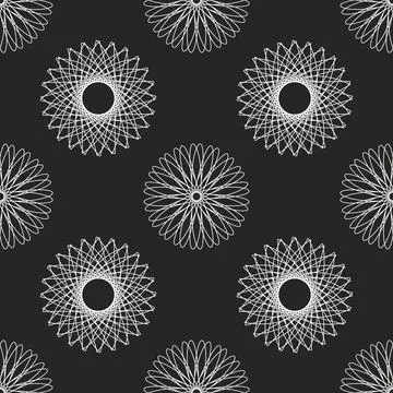 A pattern of white spirograph mandala and floral on a black background Stock Illustration
