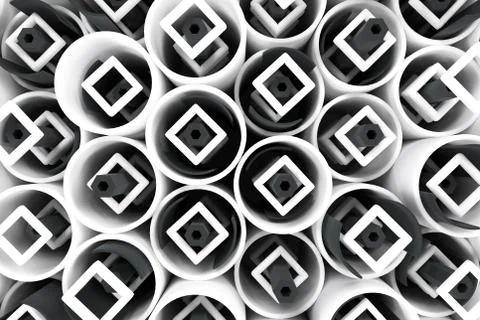 Pattern of white tubes, repeated square elements, black hexagons and surfaces Stock Illustration