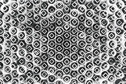 Pattern of white tubes, repeated square elements, black hexagons and surfaces Stockillustratie