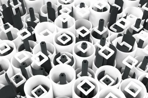 Pattern of white tubes, repeated square elements, black hexagons and surfaces Stock Illustration