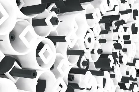 Pattern of white tubes, repeated square elements, black hexagons and surfaces Stock Illustration