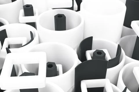 Pattern of white tubes, repeated square elements, black hexagons and surfaces Stock Illustration
