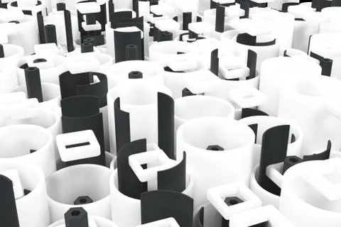 Pattern of white tubes, repeated square elements, black hexagons and surfaces Stock Illustration