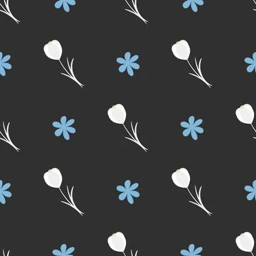 Pattern of white tulips and cornflower on a black background Stock Illustration