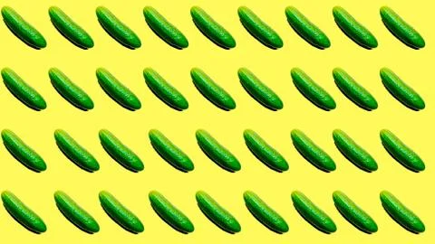 A pattern with a whole green cucumber with a clear shadow on a yellow backgro Stock Illustration