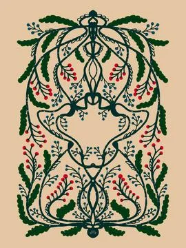 Pattern of wild herbs with berries, symmetrical, textured, hand-drawn. Frame, Stock Illustration