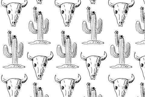 Pattern wild west cacti and skull of animal Stock Illustration