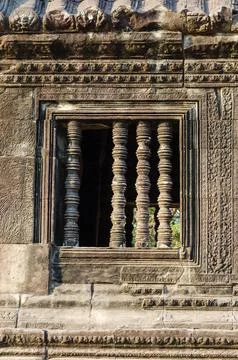 Pattern on Window Frame of Angkor Wat at Siem Reap Province of Cambodia Stock Photos