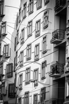A Pattern Of Windows On The Dancing Building In Prague Stock Photos