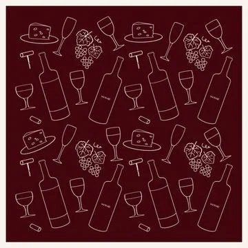 Pattern of wine bottles, glasses, cheese, and grapes on a burgundy background Stock Illustration